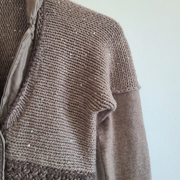 KATIA SERAFINI BRUNELLO STYLE Brown Knit Cardigan Linen Cotton Sequins Oversized - Picture 1 of 9